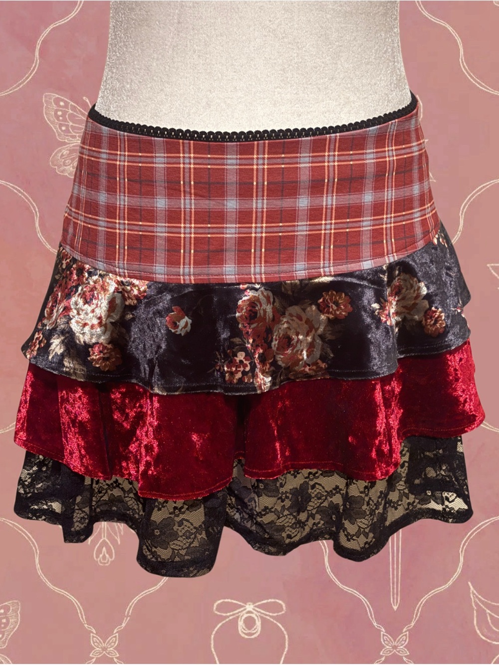 Velvet Tartan & Lace Mini Skirt